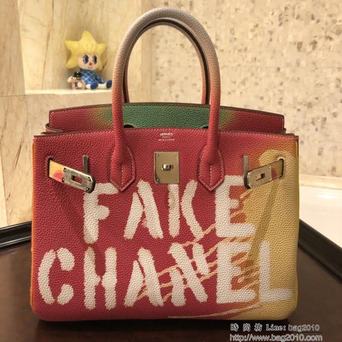 HERMES愛馬仕 30cm Birkin鉑金包 FAKE CHANEL 法國進口togo 彩繪獨立圖案 時尚手提包  Ama1084